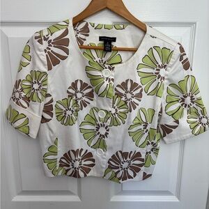 Courtenay White Cropped Short-Sleeve Button Jacket in Green & Brown Floral, 8